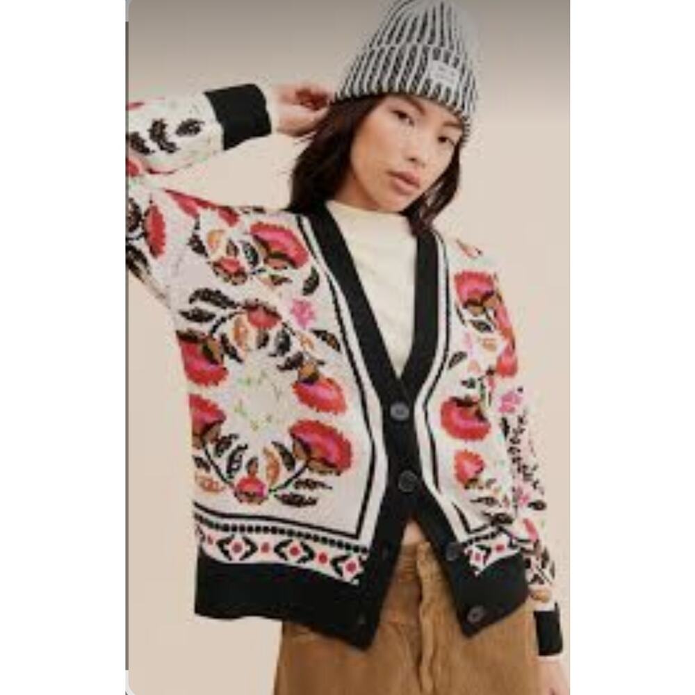 Farm Rio Palms Paradise Sand Knit Wool Blend Cardigan Sweater Size XL - Picture 2 of 8